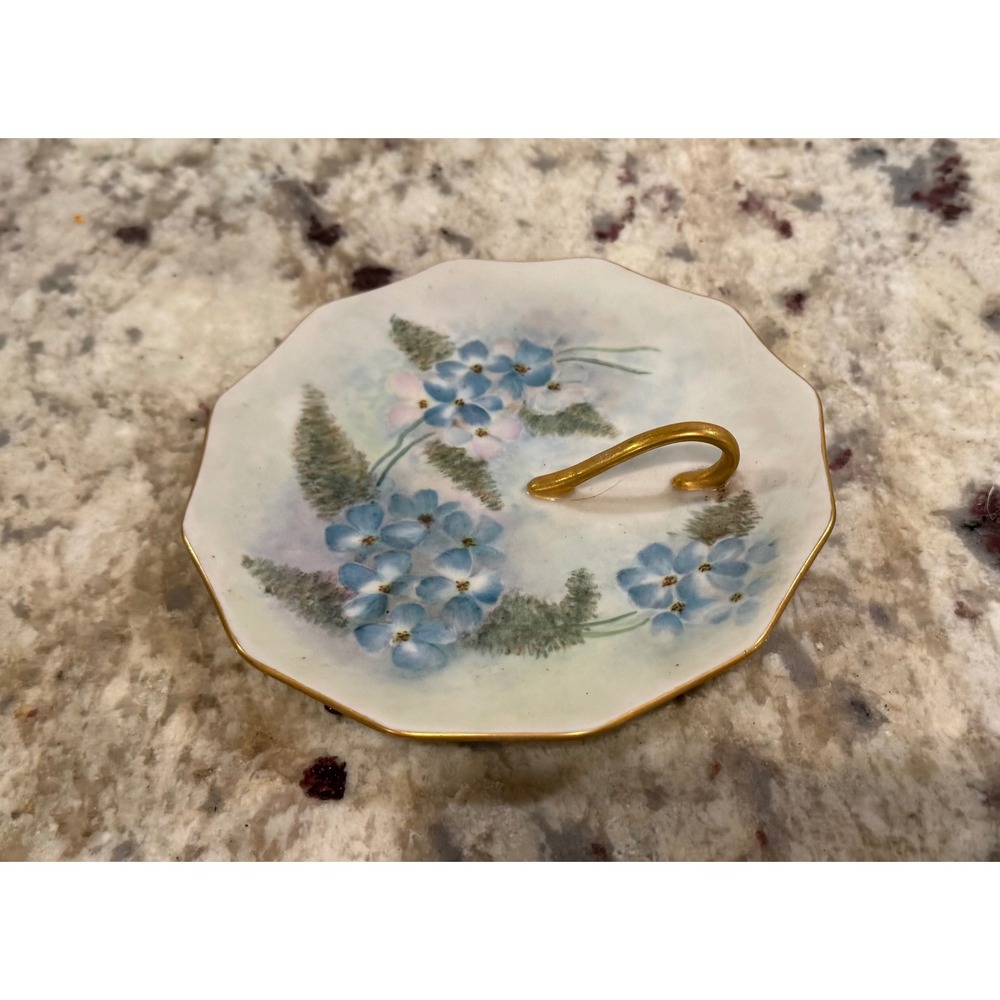 Jane Blair Hand Painted Forget Me Not Porcelain Trinket Dish Gold Handle 6.25in